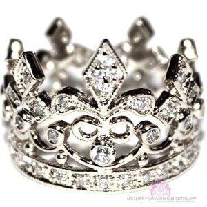 925 Sterling Silver Fleur de Lis Royalty Princess Clear CZ Crown of Life Ring 8